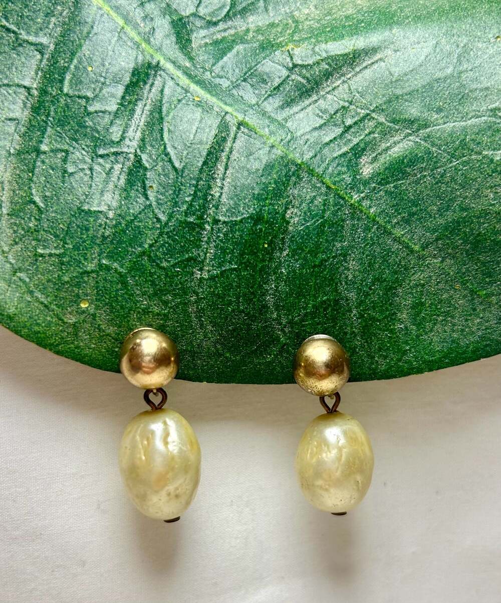 Vintage Gold-Tone Faux Baroque Pearl Clip-On Drop Earrings